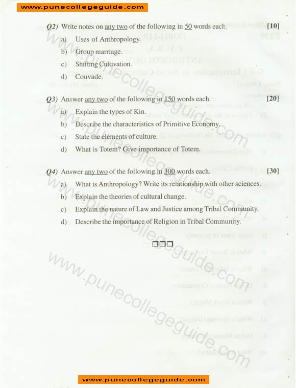 Anthropology: Introduction to Social-Culture Anthropology, exam paper set