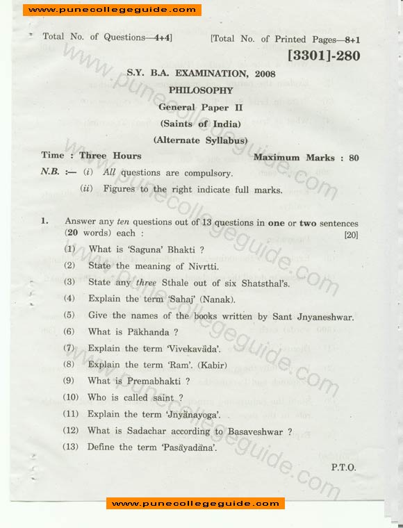 Philosophy, General Paper II, (Saints of India) , Question paper